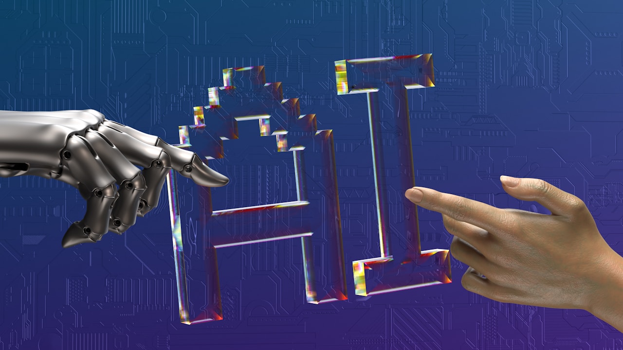 Robot and human hands reaching toward each other over an AI interface